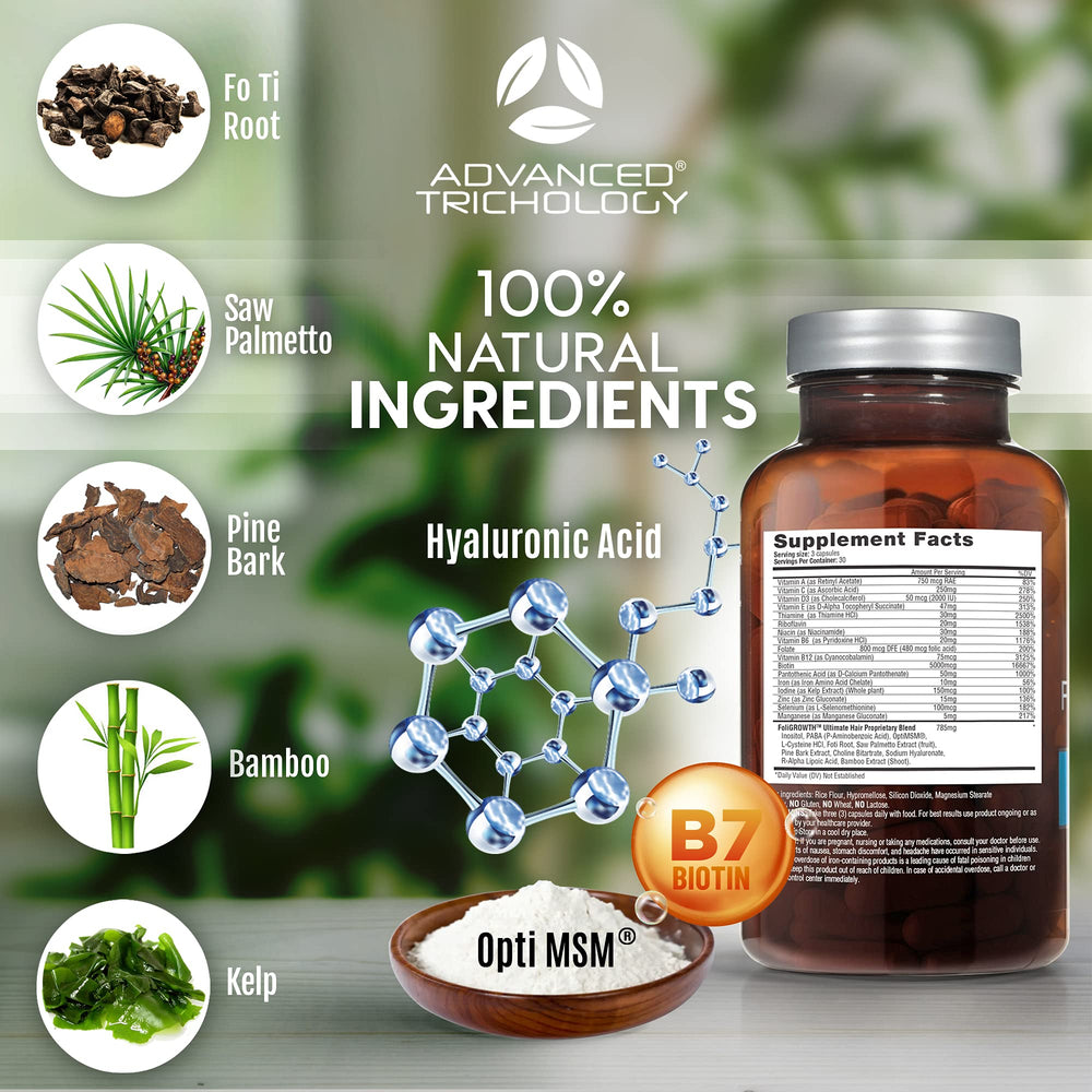Advanced Trichology FoliGROWTH bottle and box illustrate clinically supported hair health