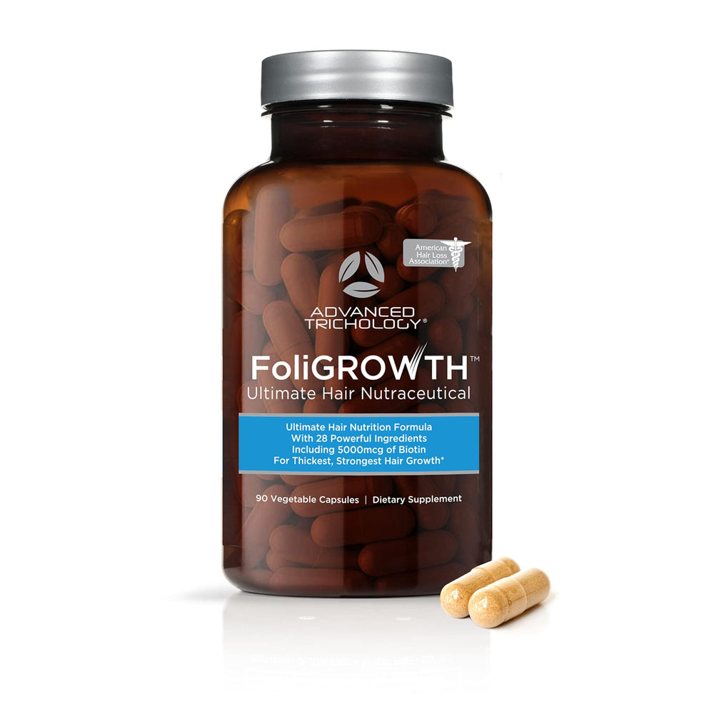 Advanced Trichology FoliGROWTH bottle showing fuller hair support