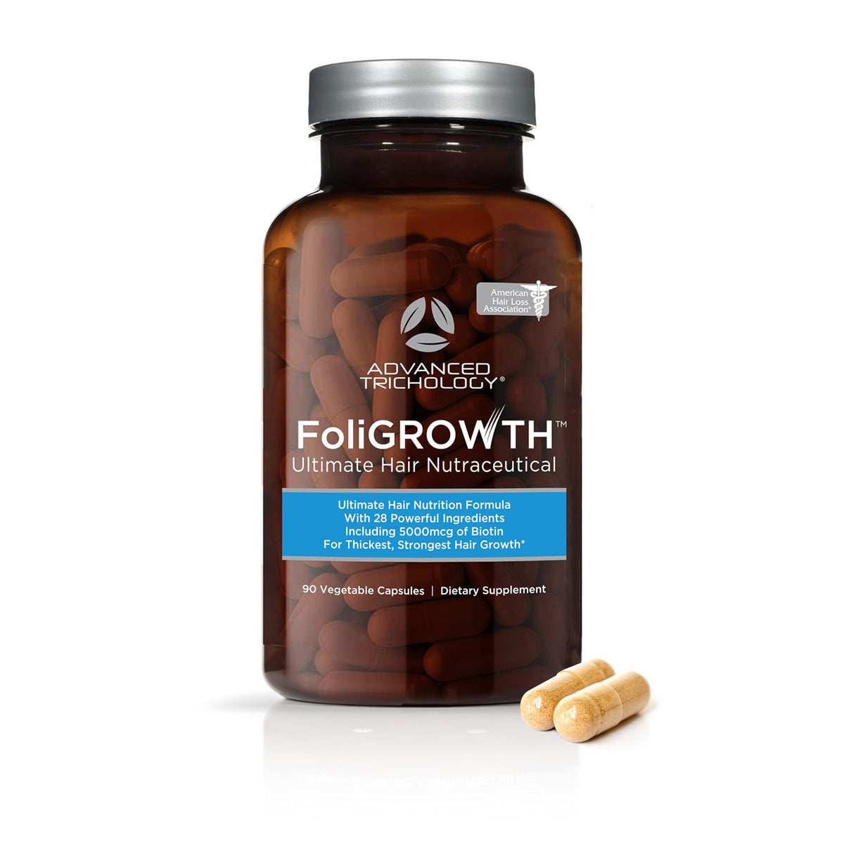 Advanced Trichology FoliGROWTH bottle showing fuller hair support