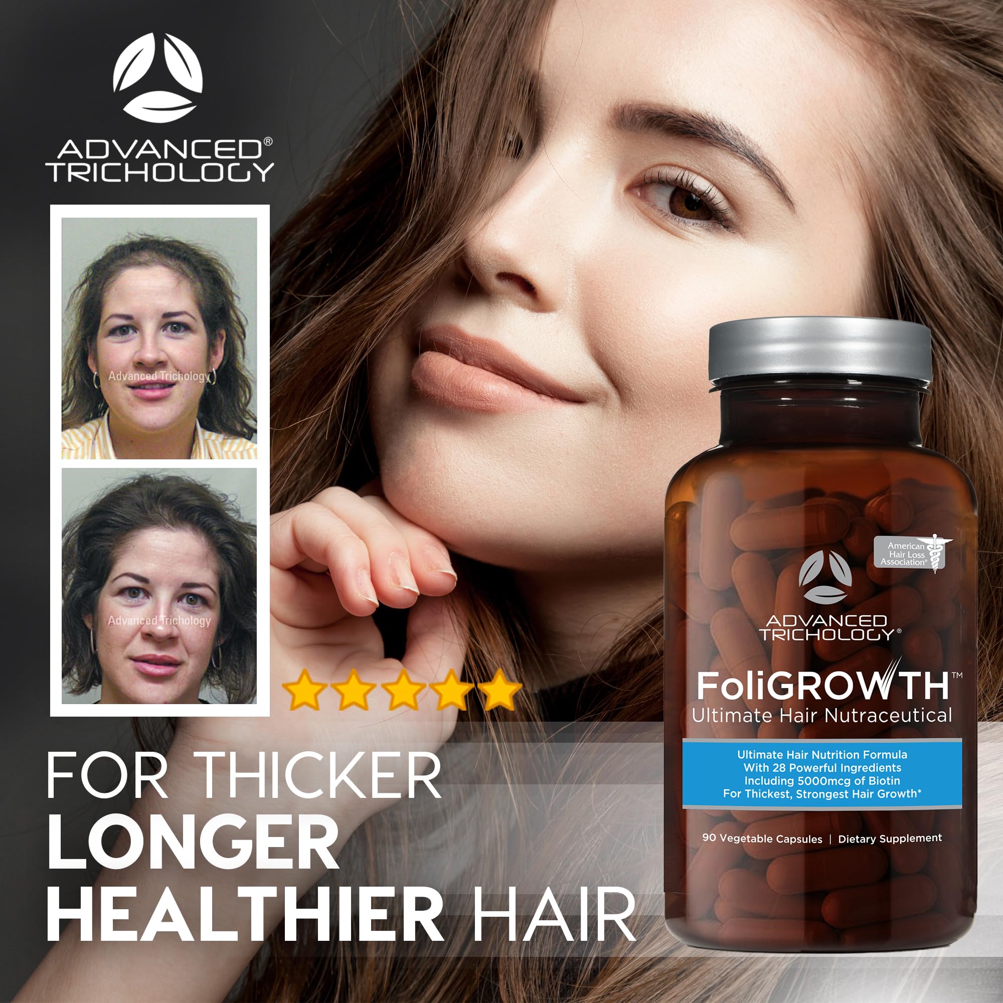 Advanced Trichology FoliGROWTH label close-up emphasizes Biotin and Saw Palmetto
