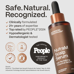 NutraM Serum dropper application enables targeted scalp treatment.