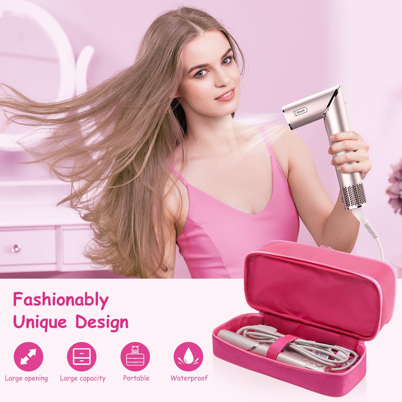 Adworte travel case pink compatibility range fits Shark, Revlon, and more securely.