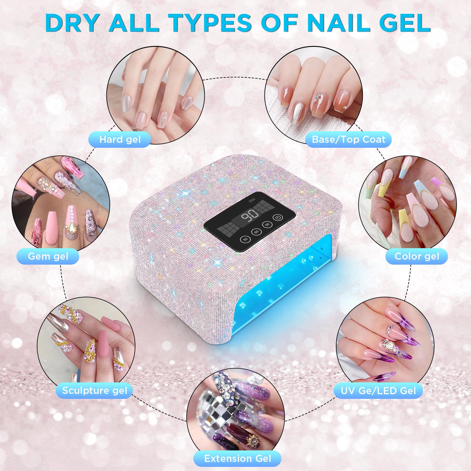 Aedavey cordless UV nail lamp LCD display with precise timer options.