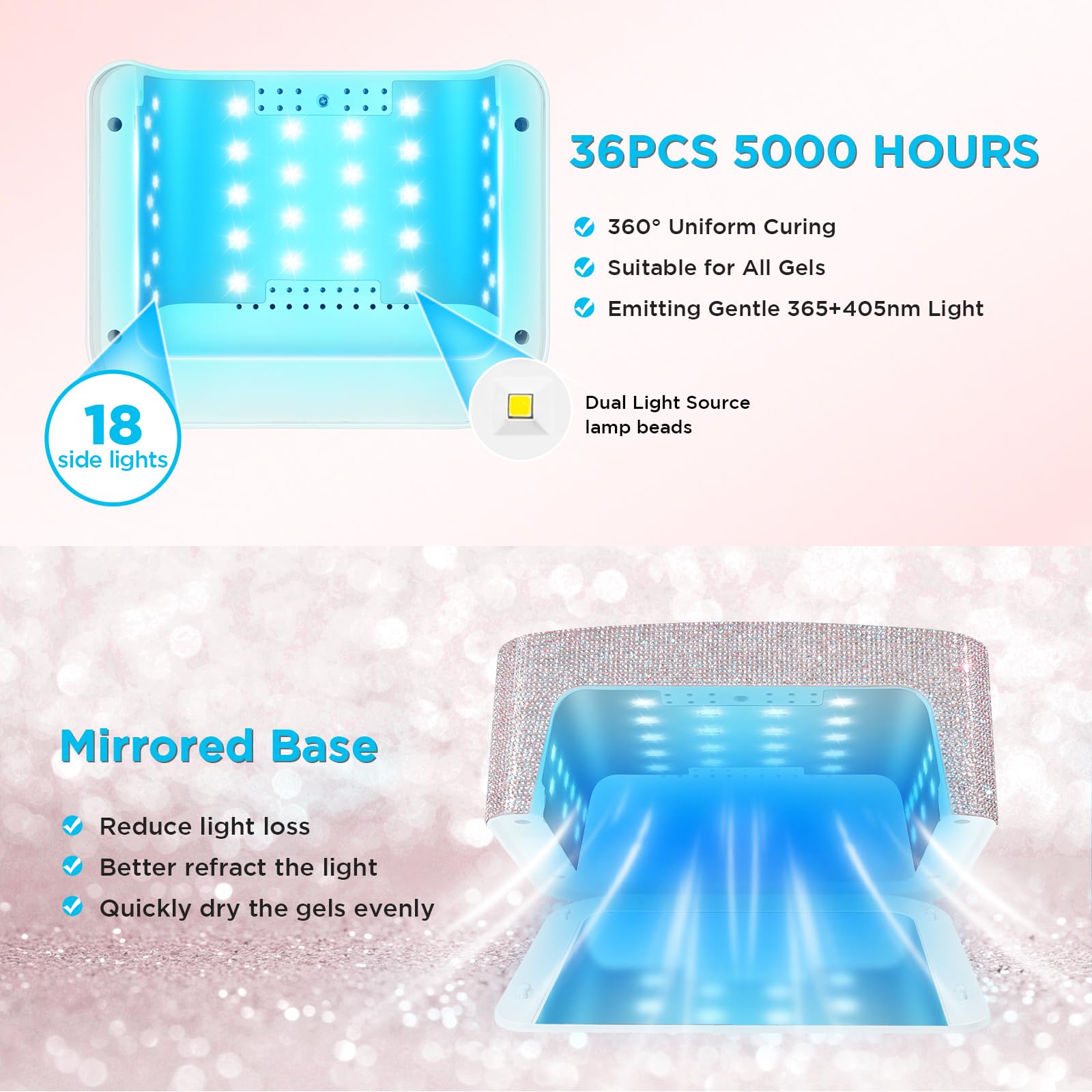 Aedavey cordless UV nail lamp side view shows even light distribution across all fingers.