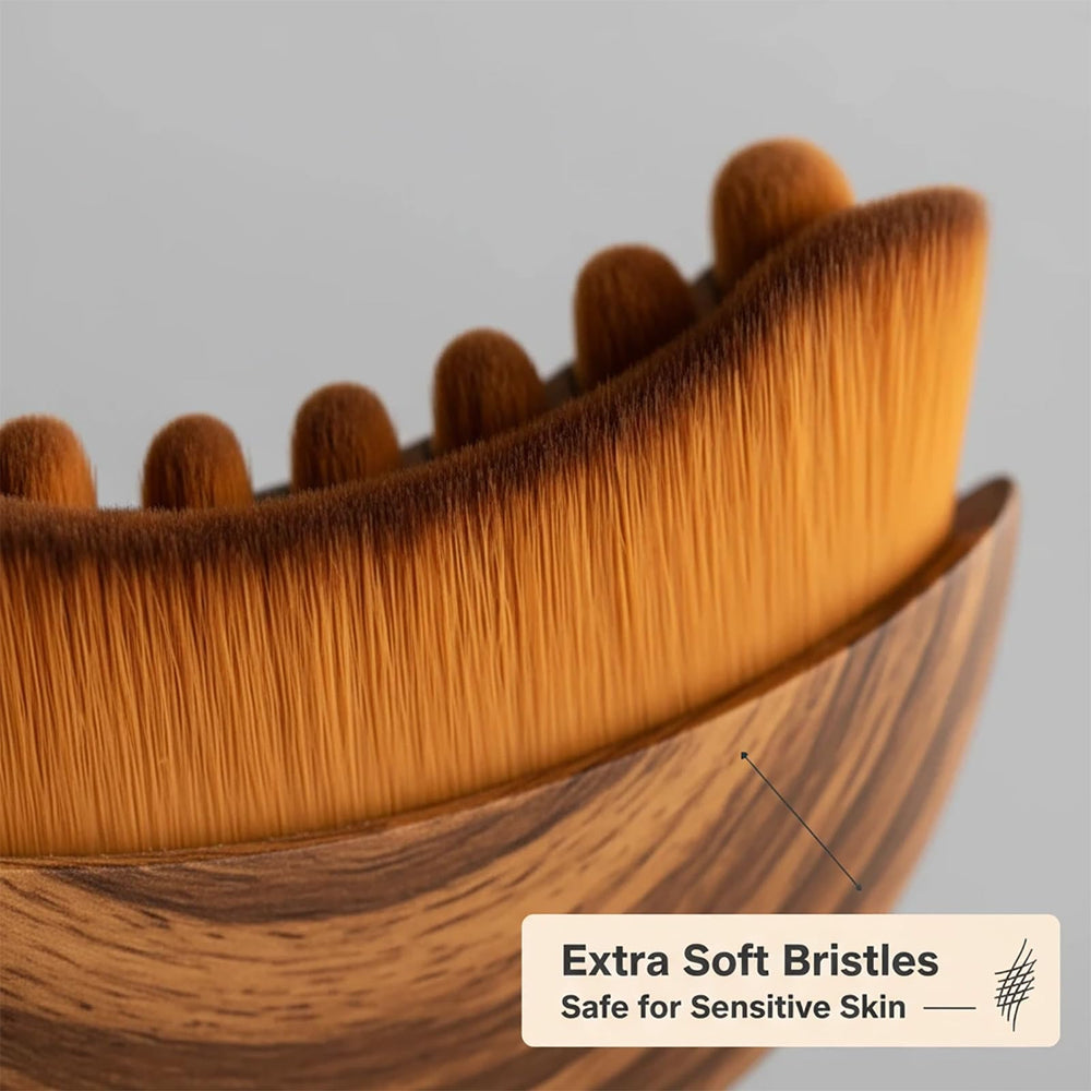 Aeki Brush soft-bristles closeup highlighting ultra-gentle fibers for sensitive skin care.