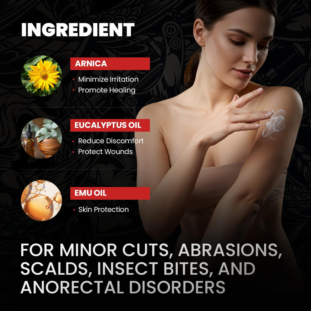 Label highlights Arnica and Emu Oil as key ingredients for skin support