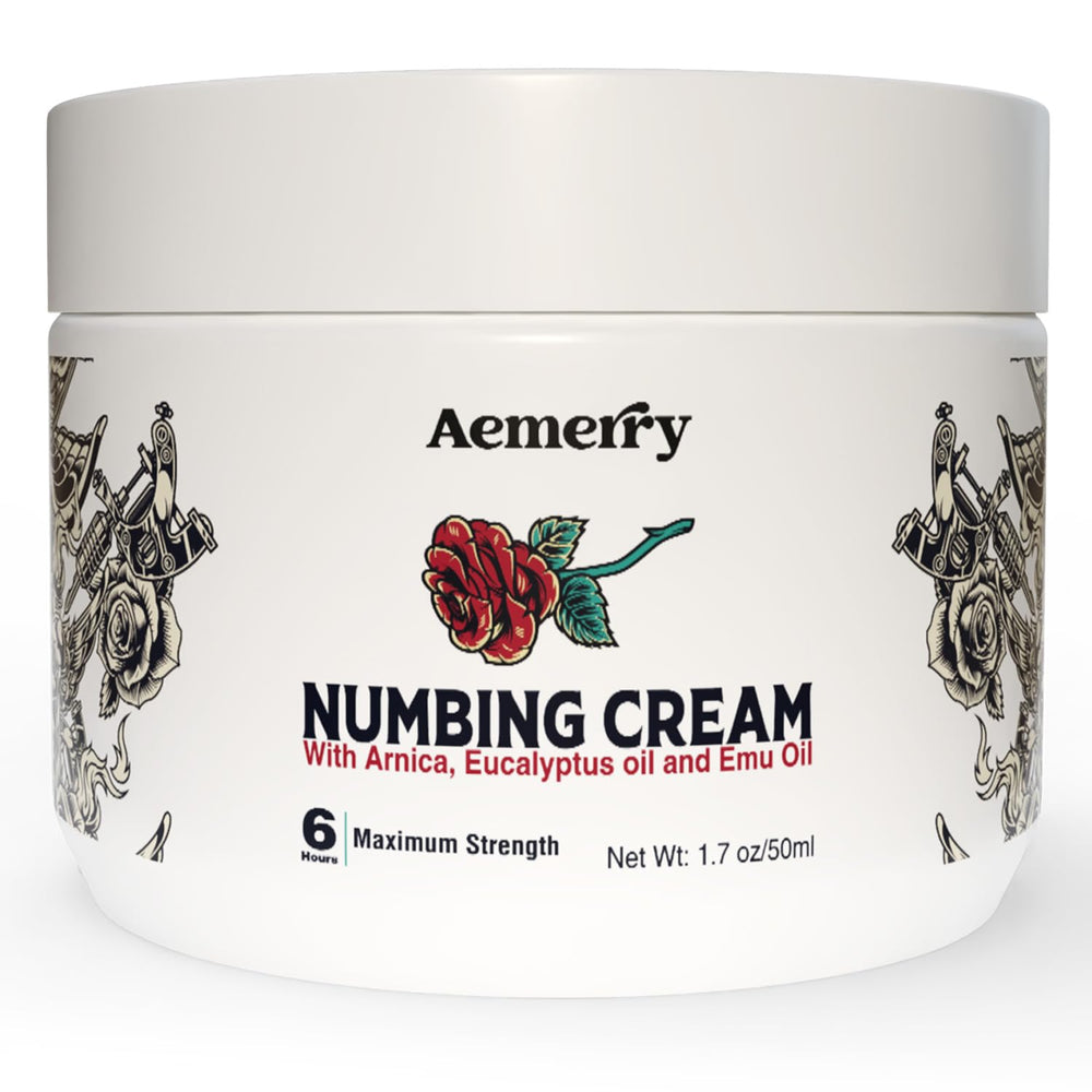 Aemerry Tattoo Numbing Cream bottle features maximum-strength formula for longer sessions.