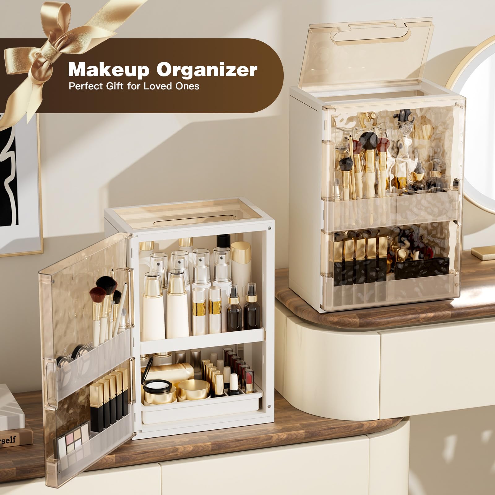 AERCIINC large display case showcases foundations, palettes, and other cosmetics neatly.
