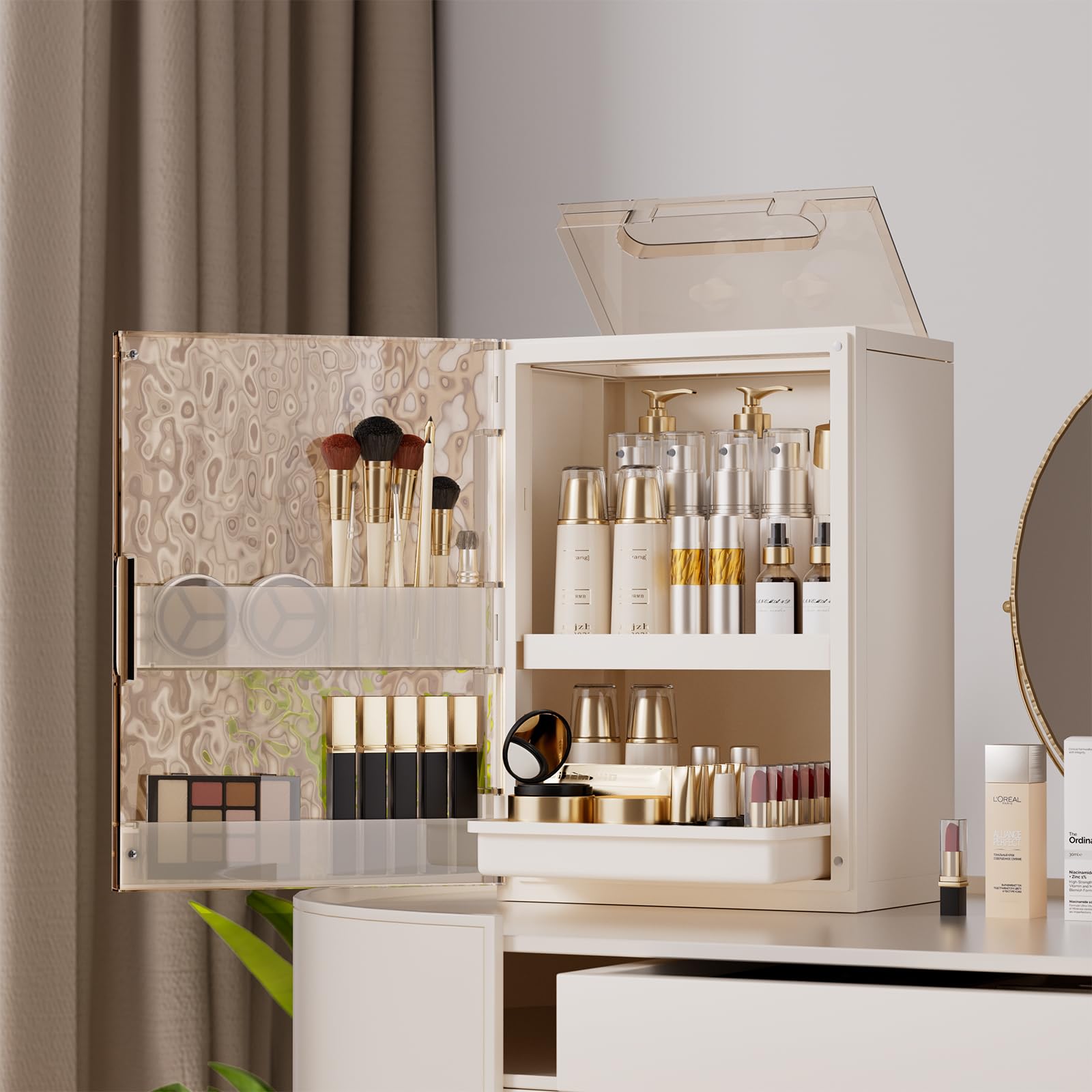 AERCIINC makeup organizer with drawers and top compartment, ideal for easy browsing while getting ready.