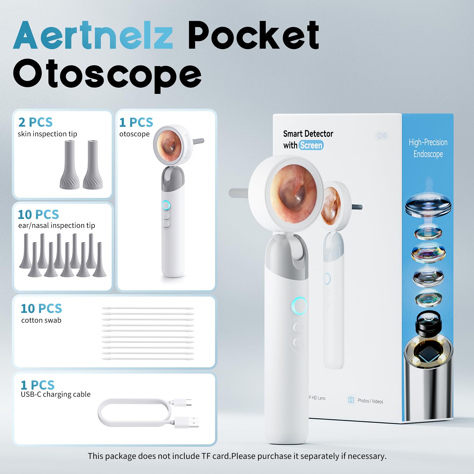 Aertnelz Otoscope package contents including tips, cables, and manual.
