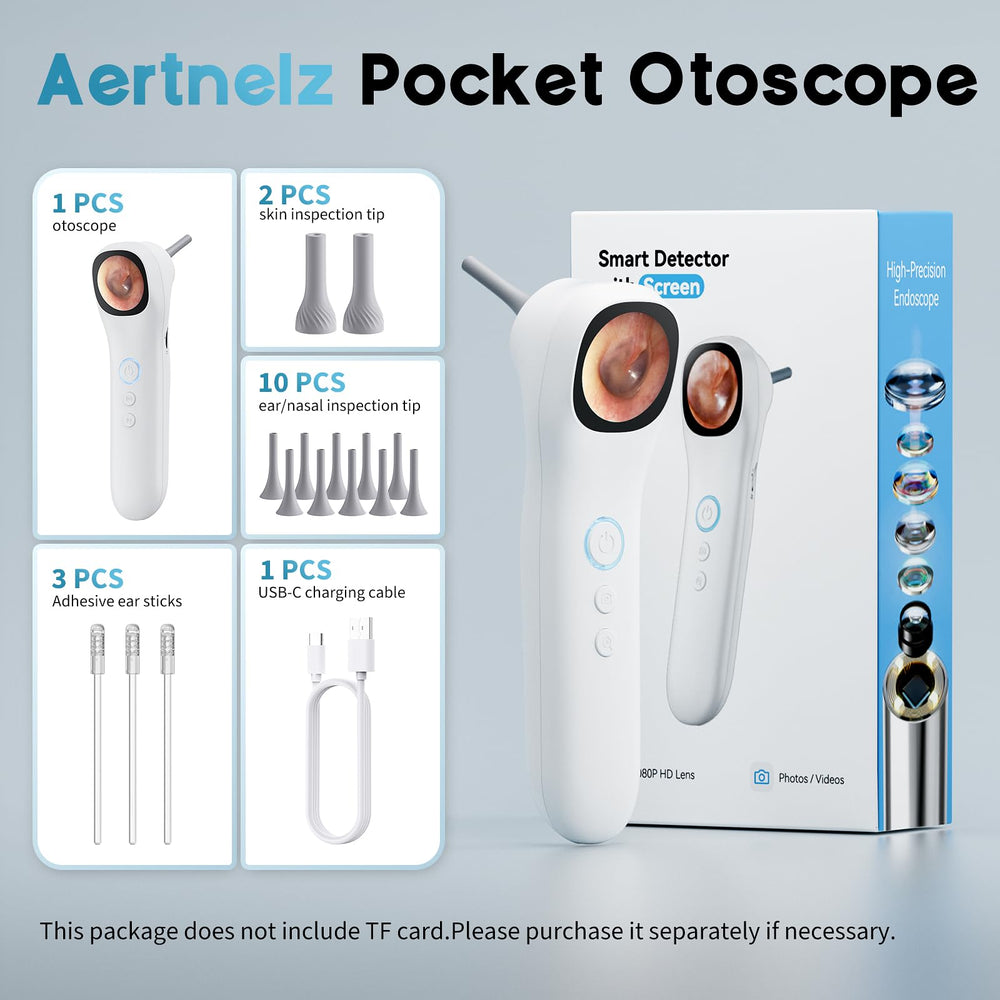 Aertnelz Otoscope package includes tips cotton swabs and USB C cable