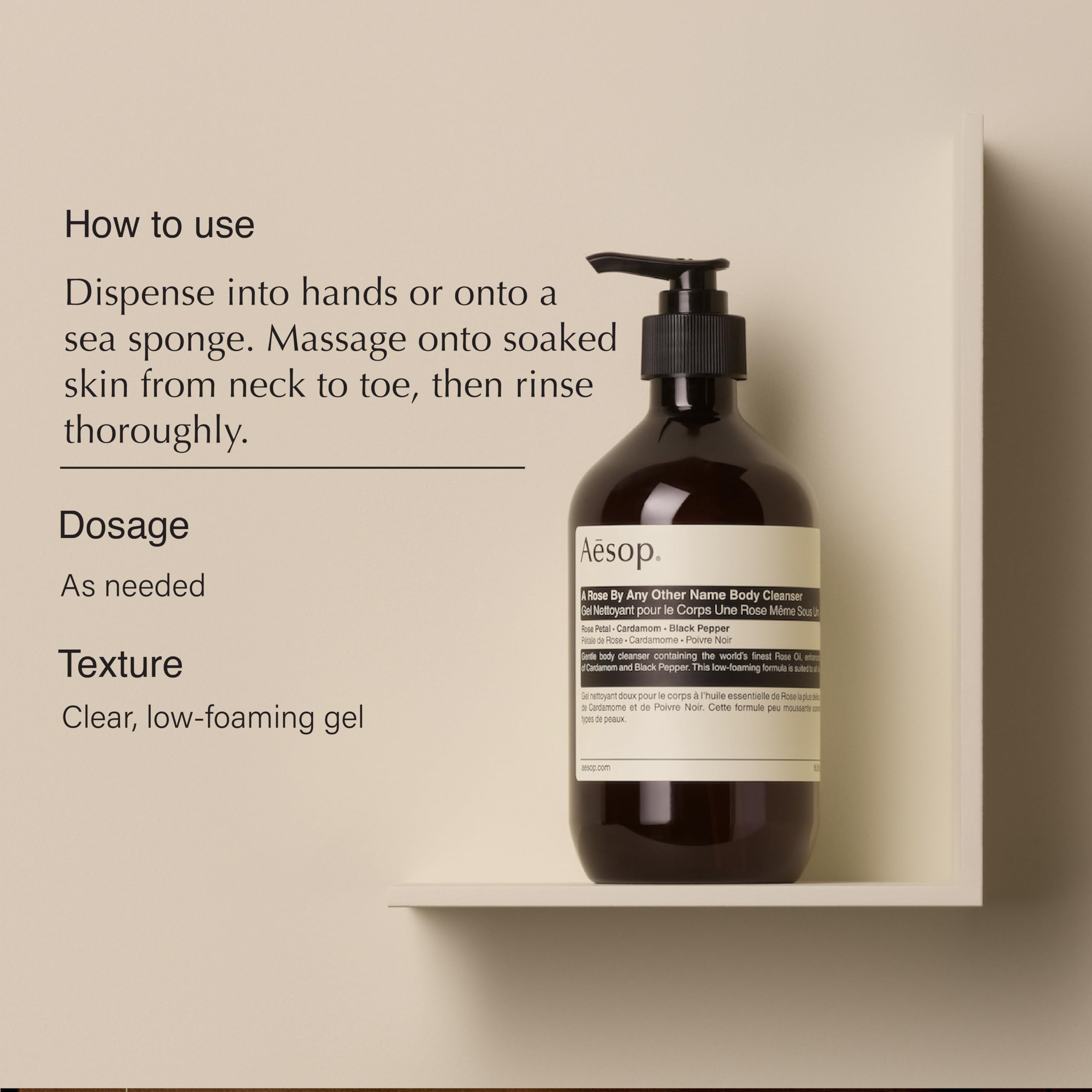 Aesop cleanser pumped into hand, ready for gentle cleansing.