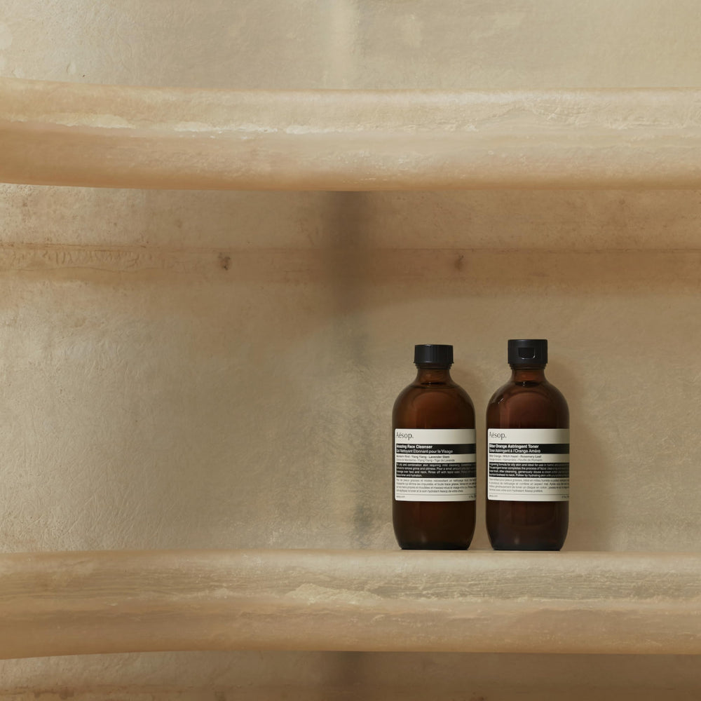 Aesop Amazing Face Cleanser foam close-up shows low-foaming action for refreshed skin
