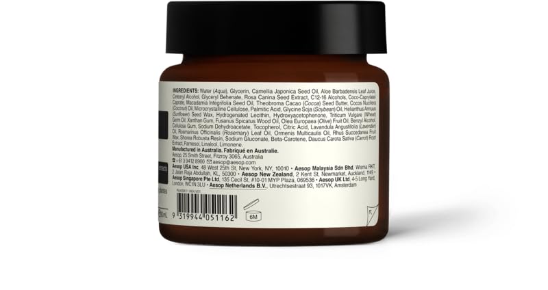 Aesop Camellia Nut Facial Hydrating Cream label notes cruelty-free and paraben-free formula.