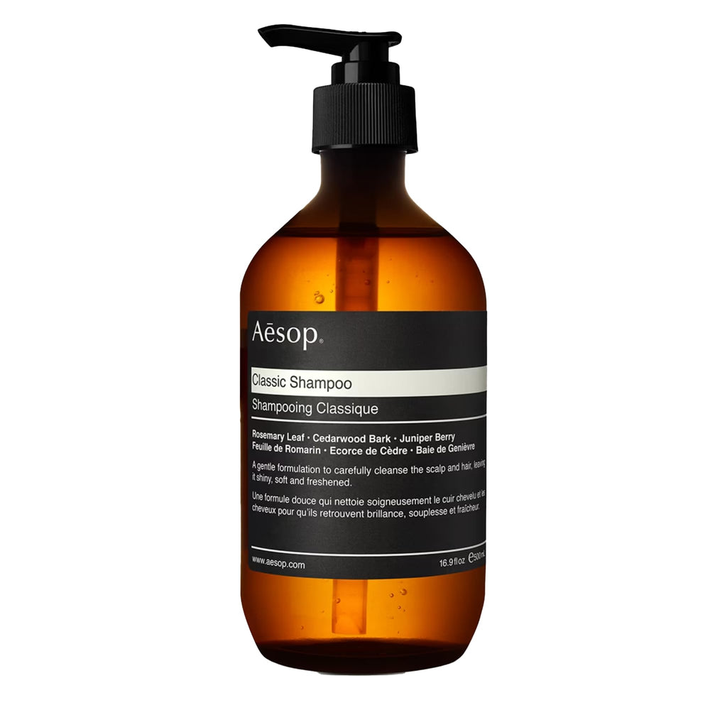 Aesop Classic Shampoo bottle front, suggesting a gentle cleansing for normal hair.