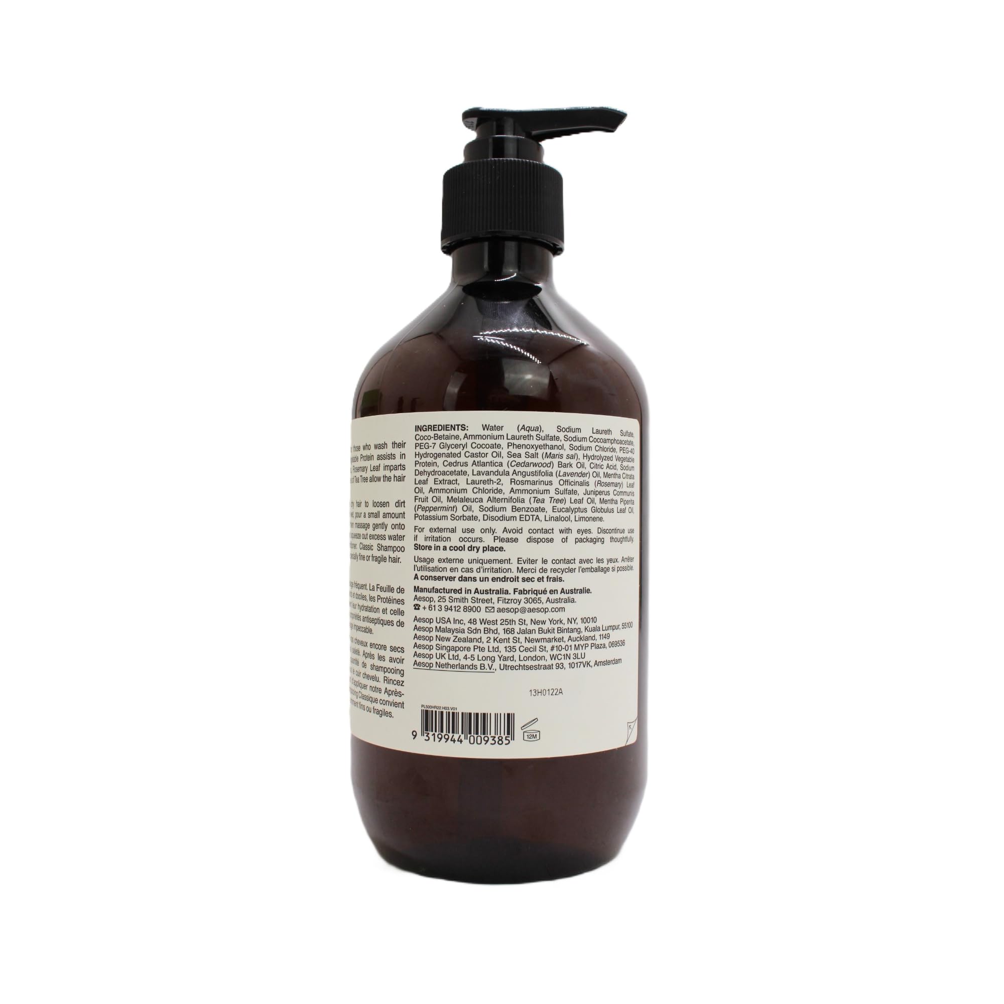 Aesop Classic Shampoo ingredients closeup shows rosemary, cedarwood, juniper notes.