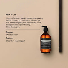 Aesop Classic Shampoo label closeup highlights vegan, paraben-free formulation.