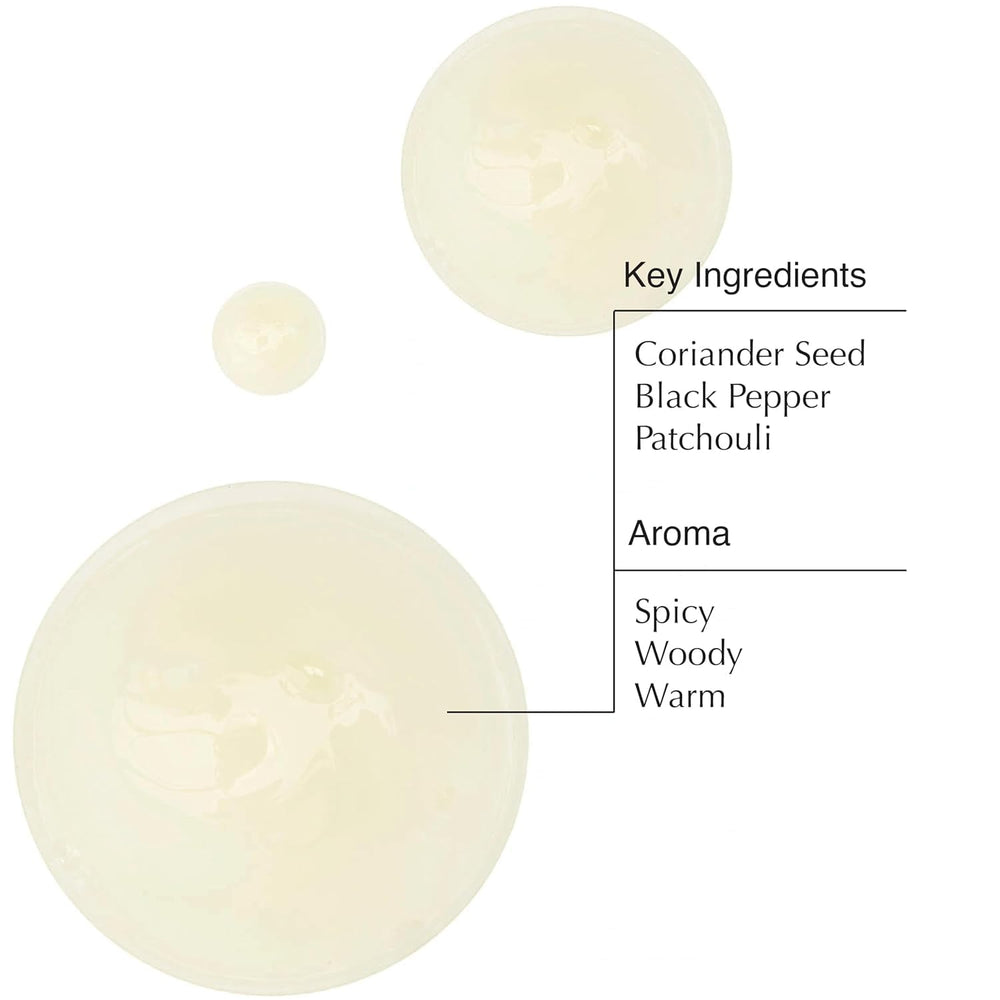 Aesop Coriander Seed Body Cleanser key ingredients closeup with coriander, black pepper, patchouli