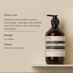 Aesop Coriander Seed Body Cleanser texture closeup highlighting warming gel on skin