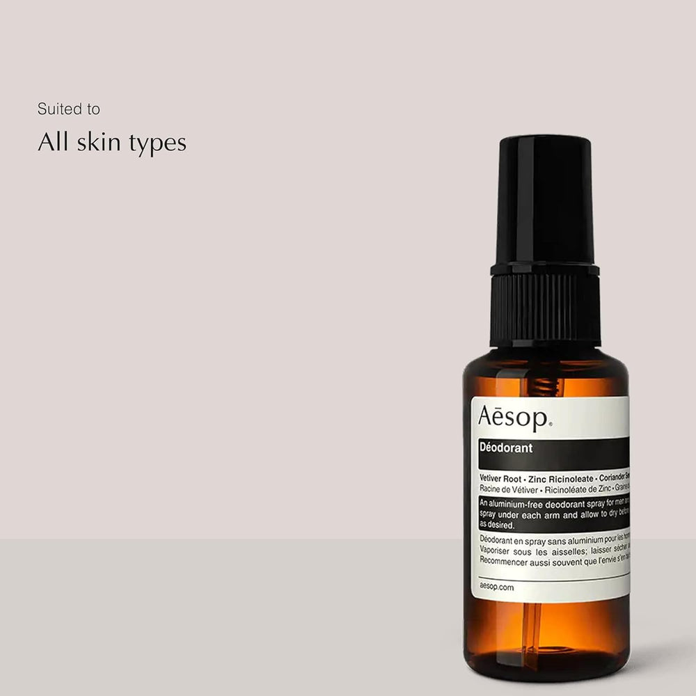 Aesop Deodorant Spray bottle close-up showing a compact 1.7 oz form.