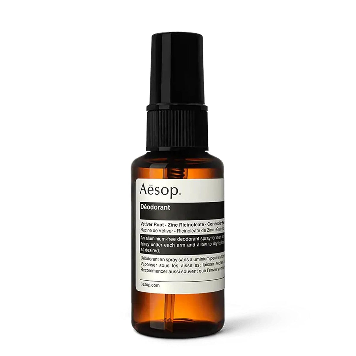 Aesop Deodorant Spray packaging with minimalist design and recyclable materials.