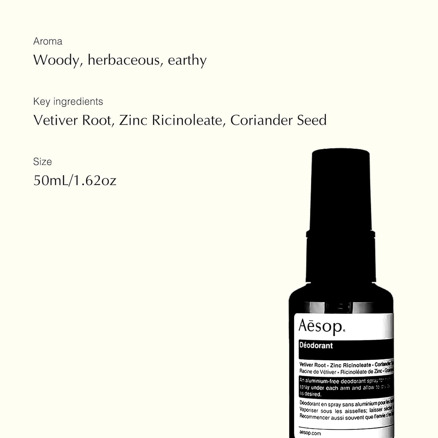 Aesop Zinc Ricinoleate detail explains odour management in the spray.