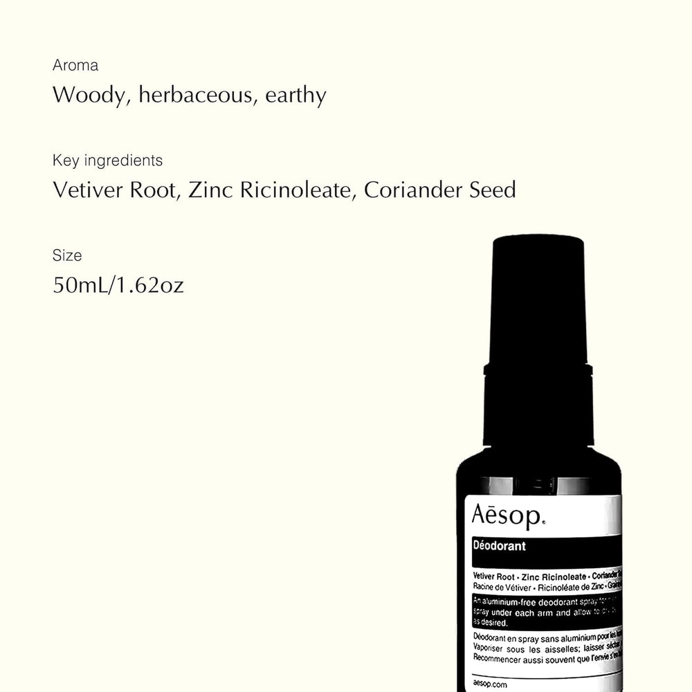 Aesop Zinc Ricinoleate detail explains odour management in the spray.