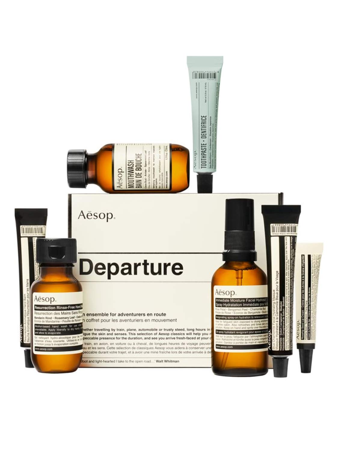 Aesop Departure 7-Piece Travel Kit packaging with compact hand, skincare, and oral-care essentials for on-the-go freshness.
