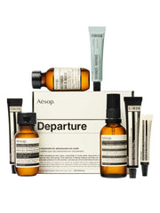 Aesop Departure 7-Piece Travel Kit packaging with compact hand, skincare, and oral-care essentials for on-the-go freshness.