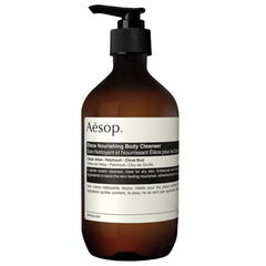 Aesop Eleos Nourishing Body Cleanser bottle with pump for daily hydration.