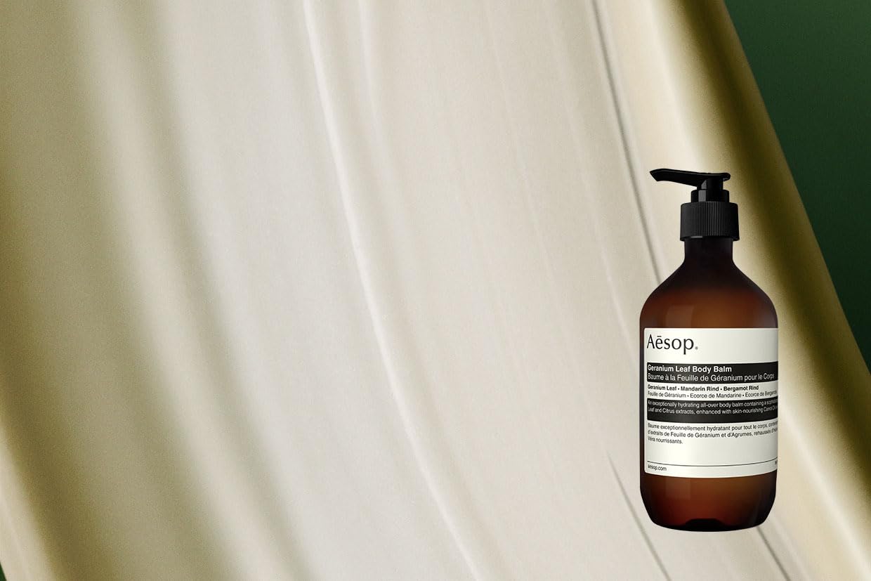Aesop Geranium Leaf Body Balm application massage demonstrating daily ritual for supple skin