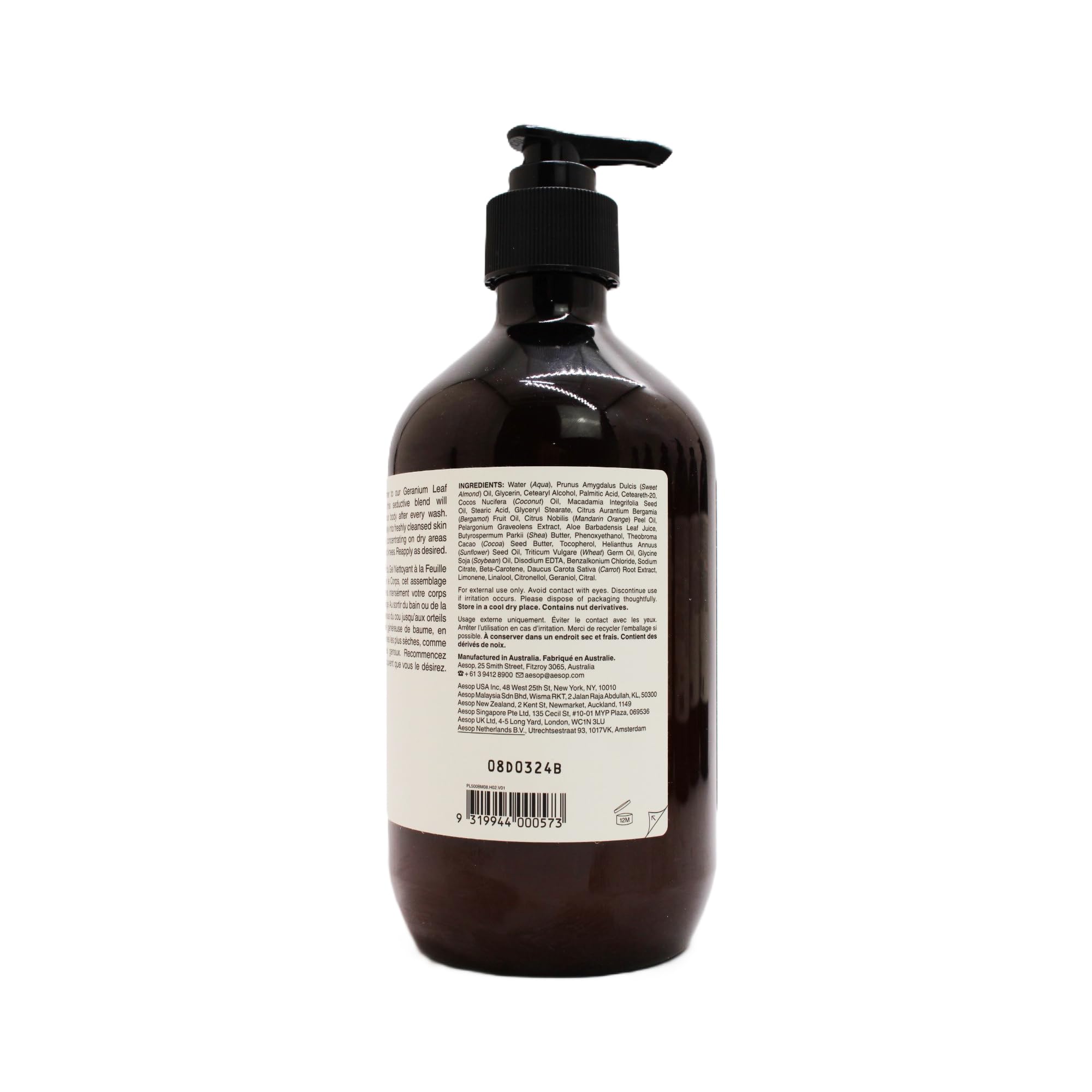 Aesop Geranium Leaf Body Balm closeup of ingredients like geranium leaf and citrus