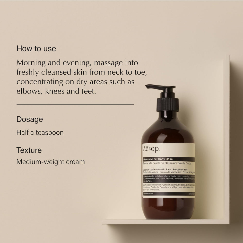 Aesop Geranium Leaf Body Balm texture spread highlighting rich, nourishing feel for dry skin