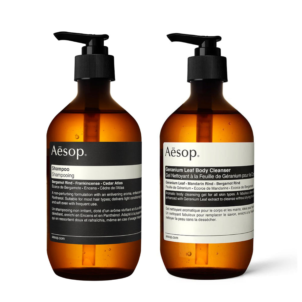Aesop Geranium Leaf Body Cleanser bottle with citrus-woody scent for refreshing cleanse