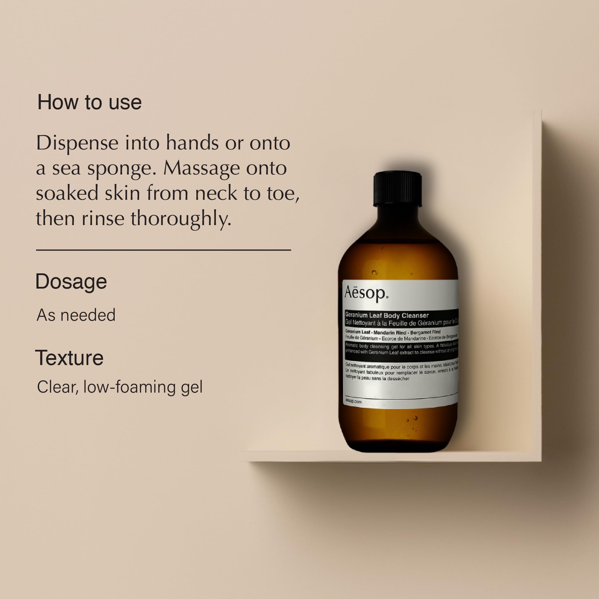 Aesop Geranium Leaf Body Cleanser geranium leaf and citrus notes for revitalizing feel.