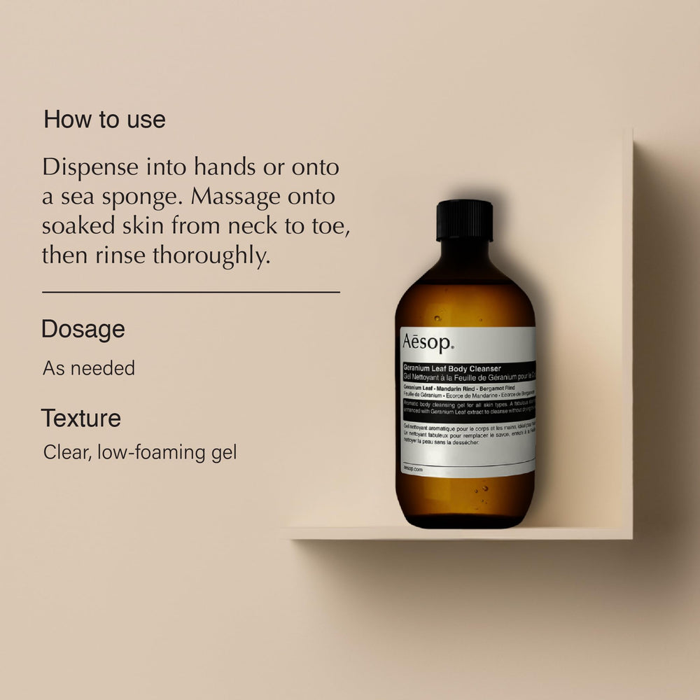 Aesop Geranium Leaf Body Cleanser geranium leaf and citrus notes for revitalizing feel.