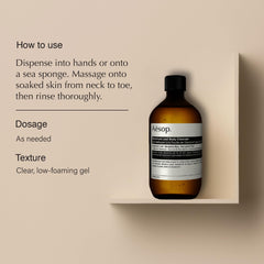 Aesop Geranium Leaf Body Cleanser geranium leaf and citrus notes for revitalizing feel.