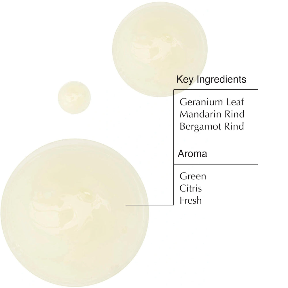 Aesop Geranium Leaf Body Cleanser ingredient closeup features geranium, mandarin, bergamot for a green citrus profile.