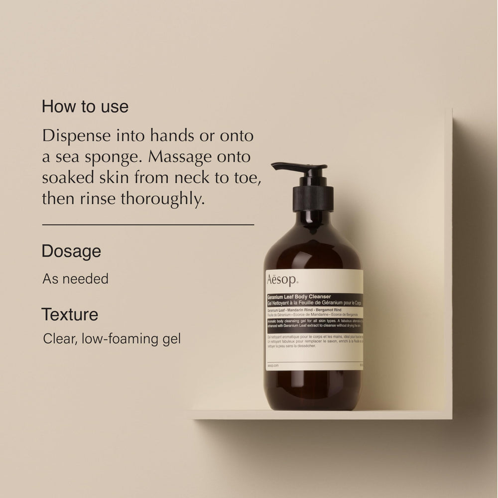 Aesop Geranium Leaf Body Cleanser pour shows an energizing citrus aroma for daily routines.
