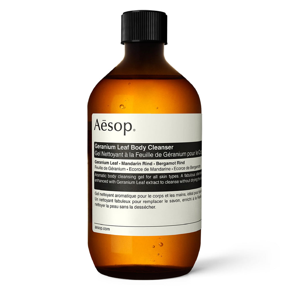 Aesop Geranium Leaf Body Cleanser refill bottle emphasizes sustainable packaging ready for reuse.