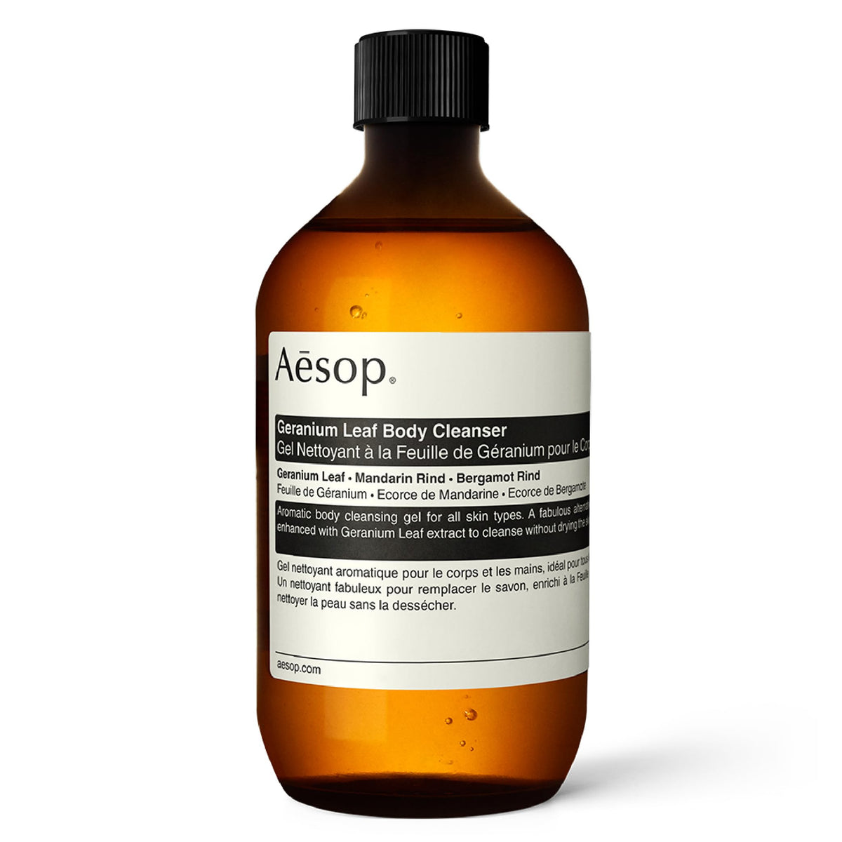 Aesop Geranium Leaf Body Cleanser refill bottle emphasizes sustainable packaging ready for reuse.