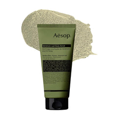 Aesop Geranium Leaf Exfoliating Body Scrub bottle for convenient cleansing.