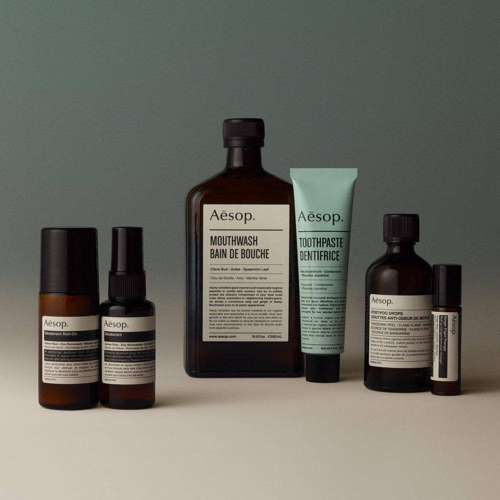 Aesop Herbal Deodorant Roll-On after-bathing application underarm use-case.