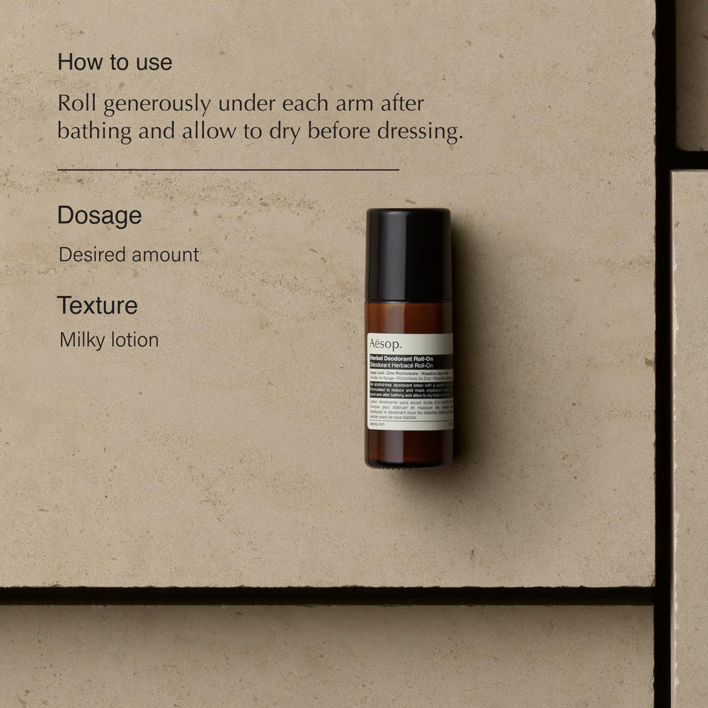 Aesop Herbal Deodorant Roll-On zinc-ricinoleate action image illustrating odor control potential.