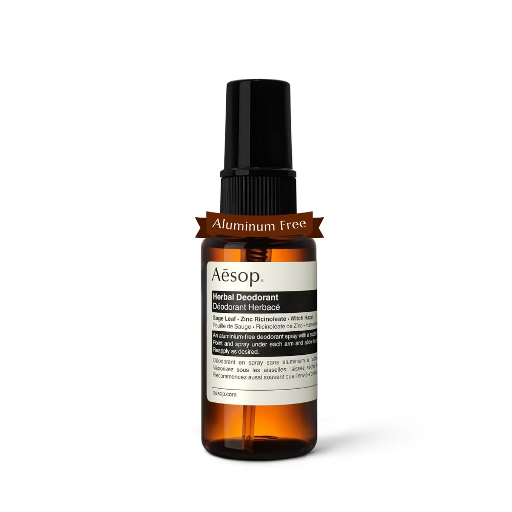 Aesop Herbal Deodorant Spray bottle highlighting aluminum-free formula for daily use