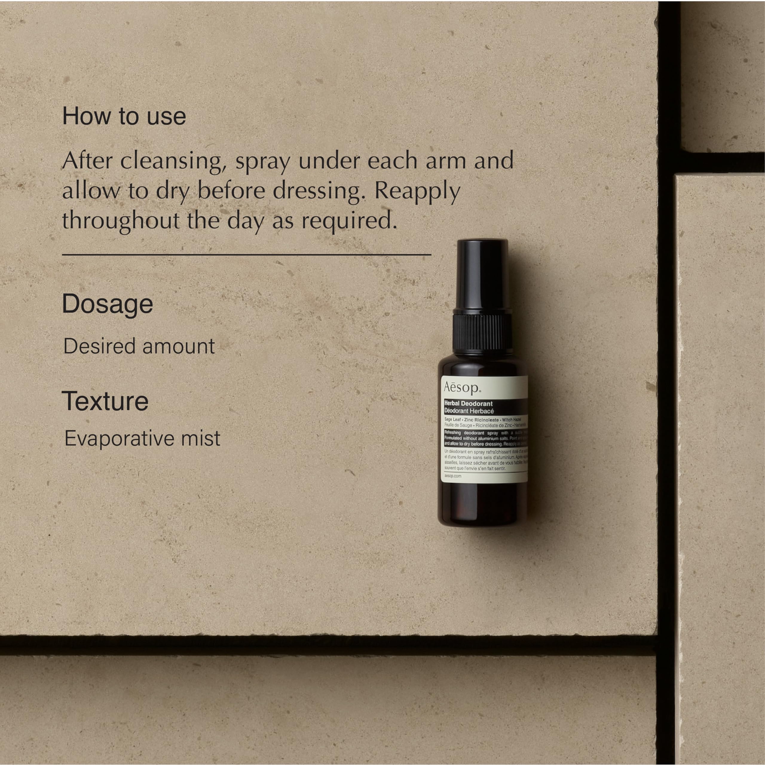 Aesop Herbal Deodorant Spray close-up of spray dispense for easy application