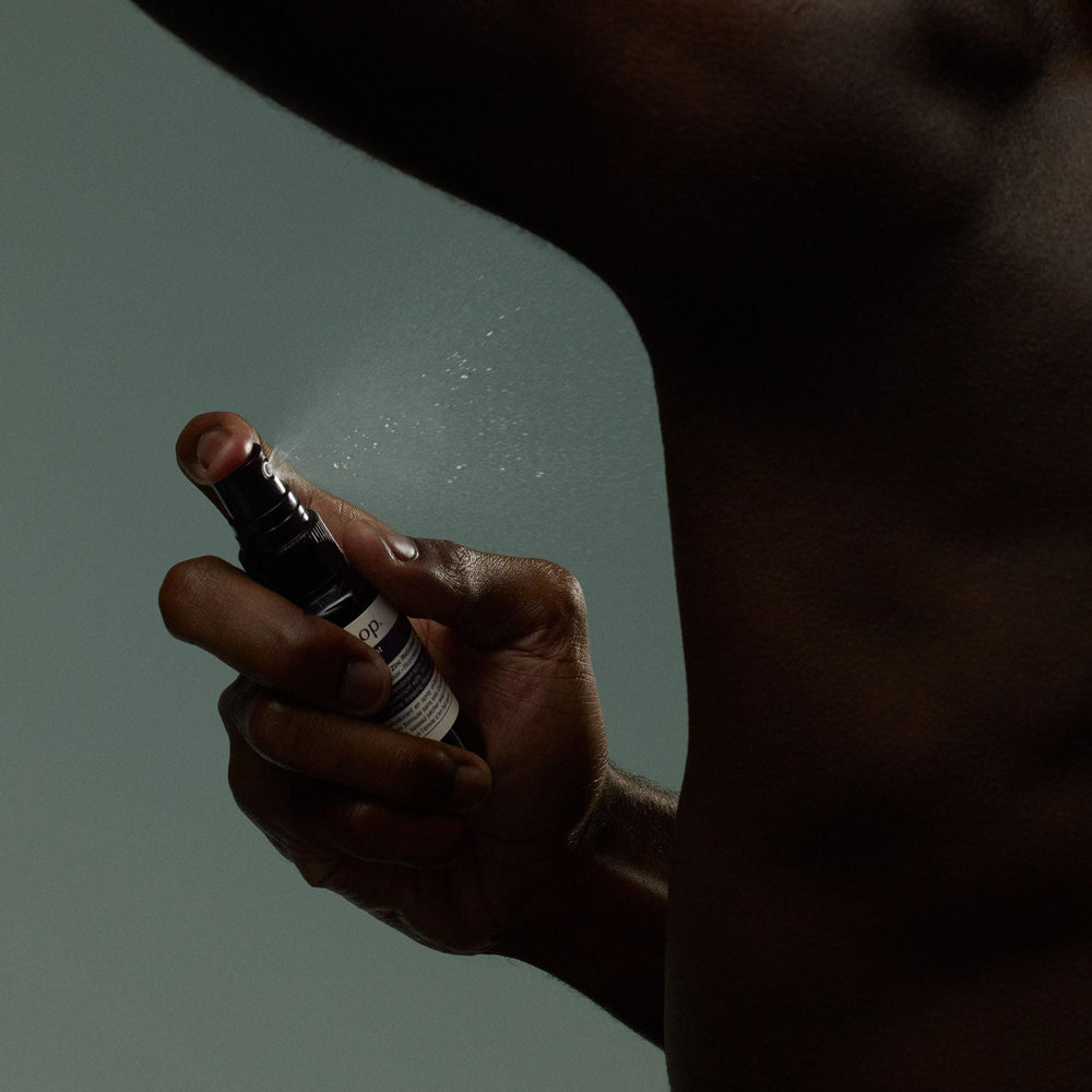 Aesop Herbal Deodorant Spray underarm application in action for odour control