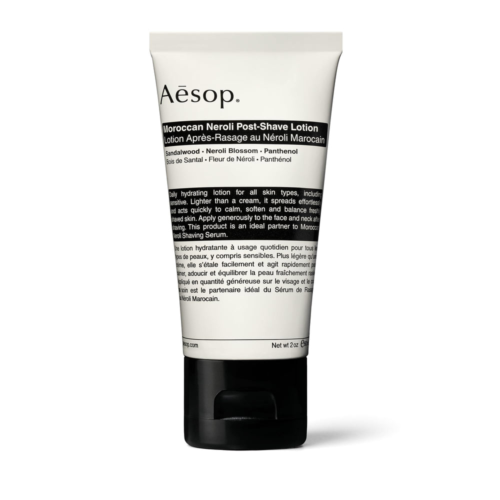 Aesop Moroccan Neroli Post Shave Lotion bottle closeup showing balanced skin hydration.