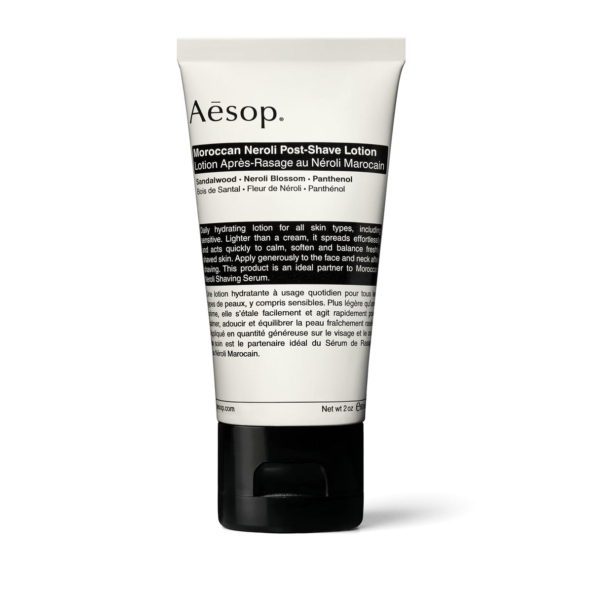 Aesop Moroccan Neroli Post Shave Lotion bottle closeup showing balanced skin hydration.