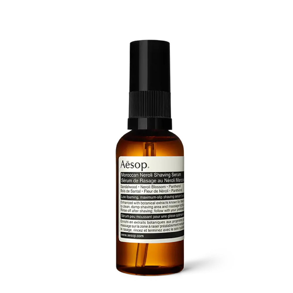 Aesop Moroccan Neroli Shaving Serum bottle ready for a smooth, razor-close shave